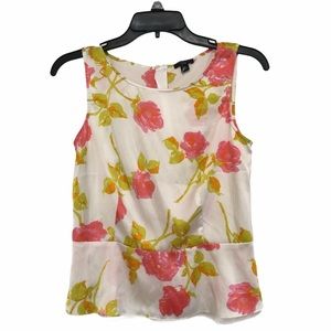 Ann Taylor White Blouse Pink Floral Print Armless